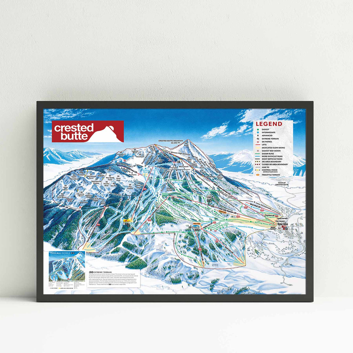 Crested Butte Ski Resort Trail Map Poster. Unframed, Framed, or