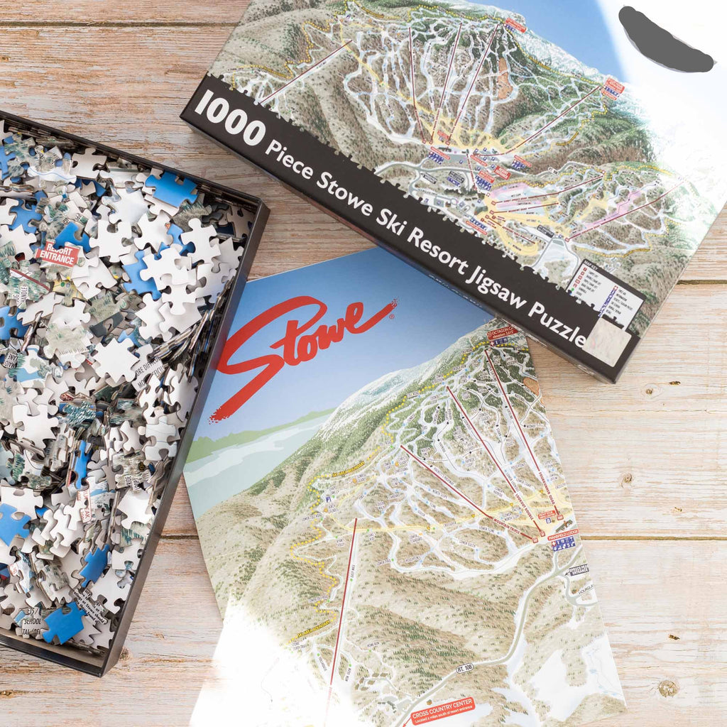 Stowe Ski Resort Jigsaw Puzzle – 500 Pieces with colorful puzzle pieces and the ski trail map design, by Mtns Co.