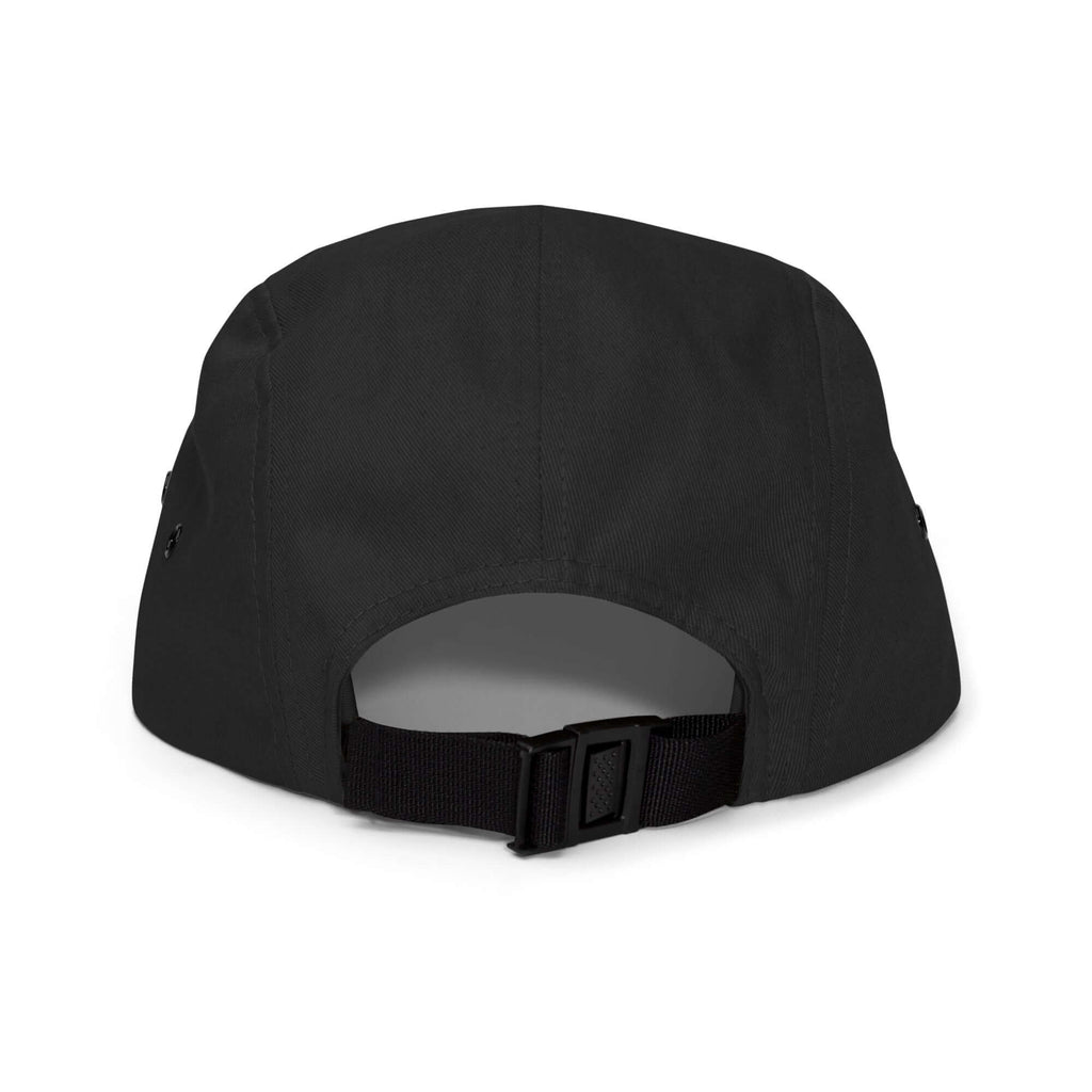 Back view of the Vail Five Panel Hat showcasing the nylon strap clip closure, official licensed ski resort apparel by Mtns Co.