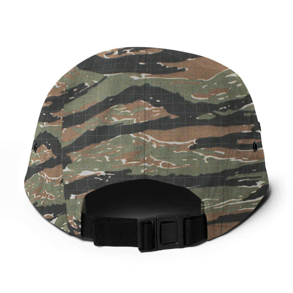 Keystone Panel Cap back view with camo design, nylon strap clip closure, official licensed ski resort apparel Mtns Co Trail Map Logo.