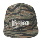 Breck Five Panel Hat in camouflage pattern, official licensed ski resort apparel by Mtns Co with Trail Map Logo.