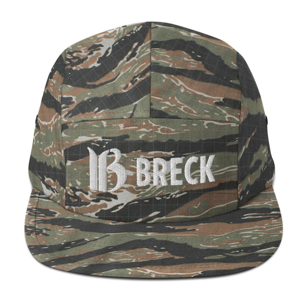 Breck Five Panel Hat in camouflage pattern, official licensed ski resort apparel by Mtns Co with Trail Map Logo.