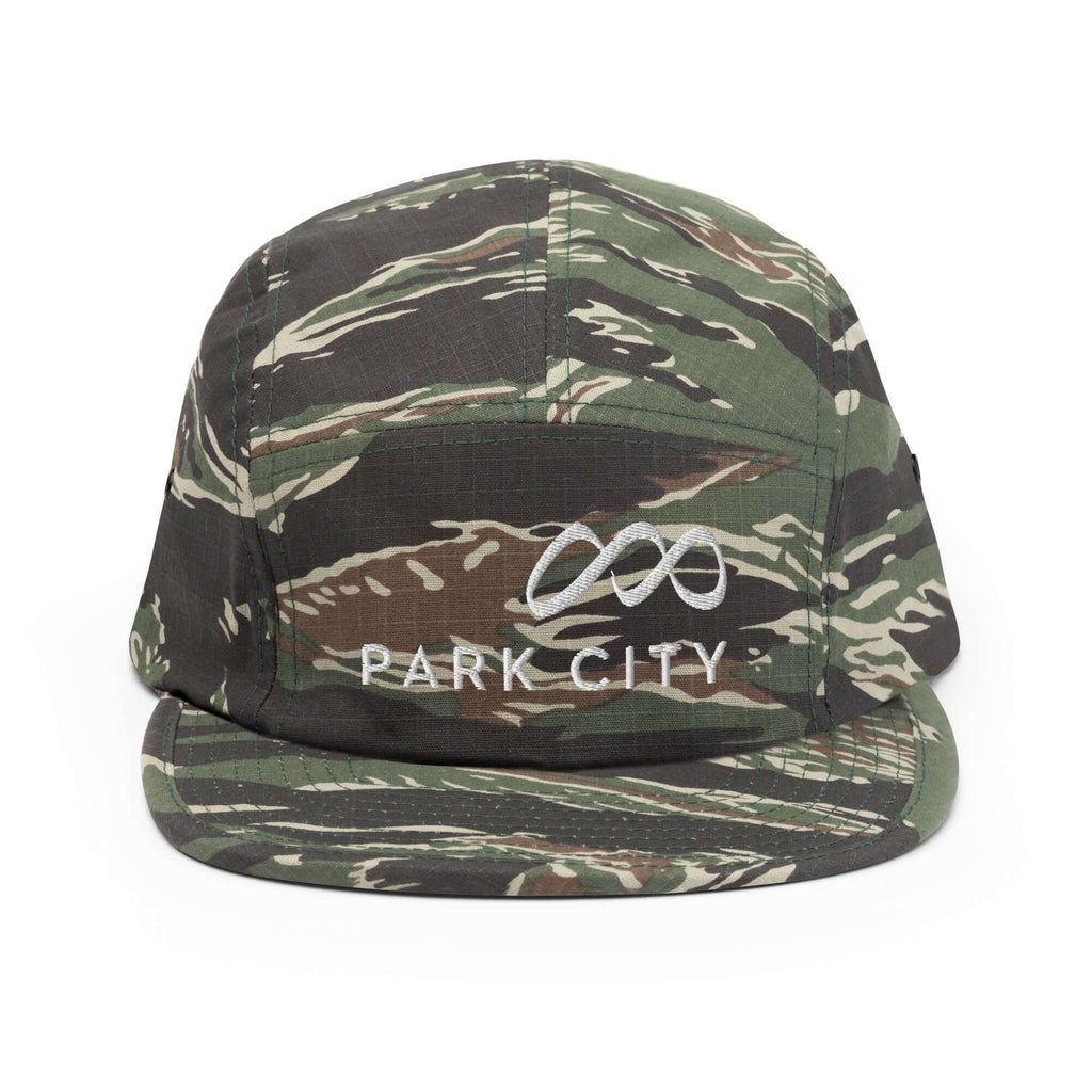 Park City Five Panel Hat by Mtns Co with trail map logo, perfect for stylish ski resort apparel.