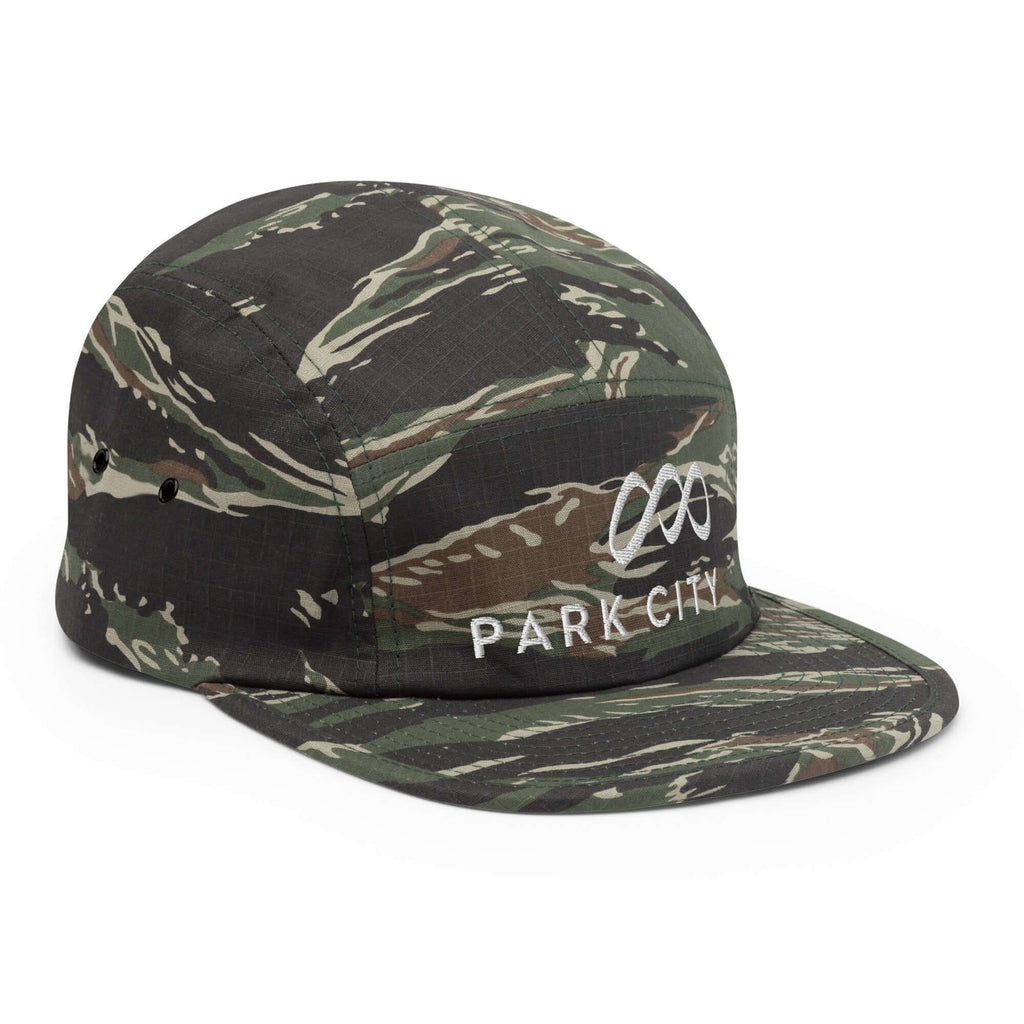 Park City Five Panel Hat featuring Mtns Co Trail Map Logo, comfortable official licensed ski resort apparel.