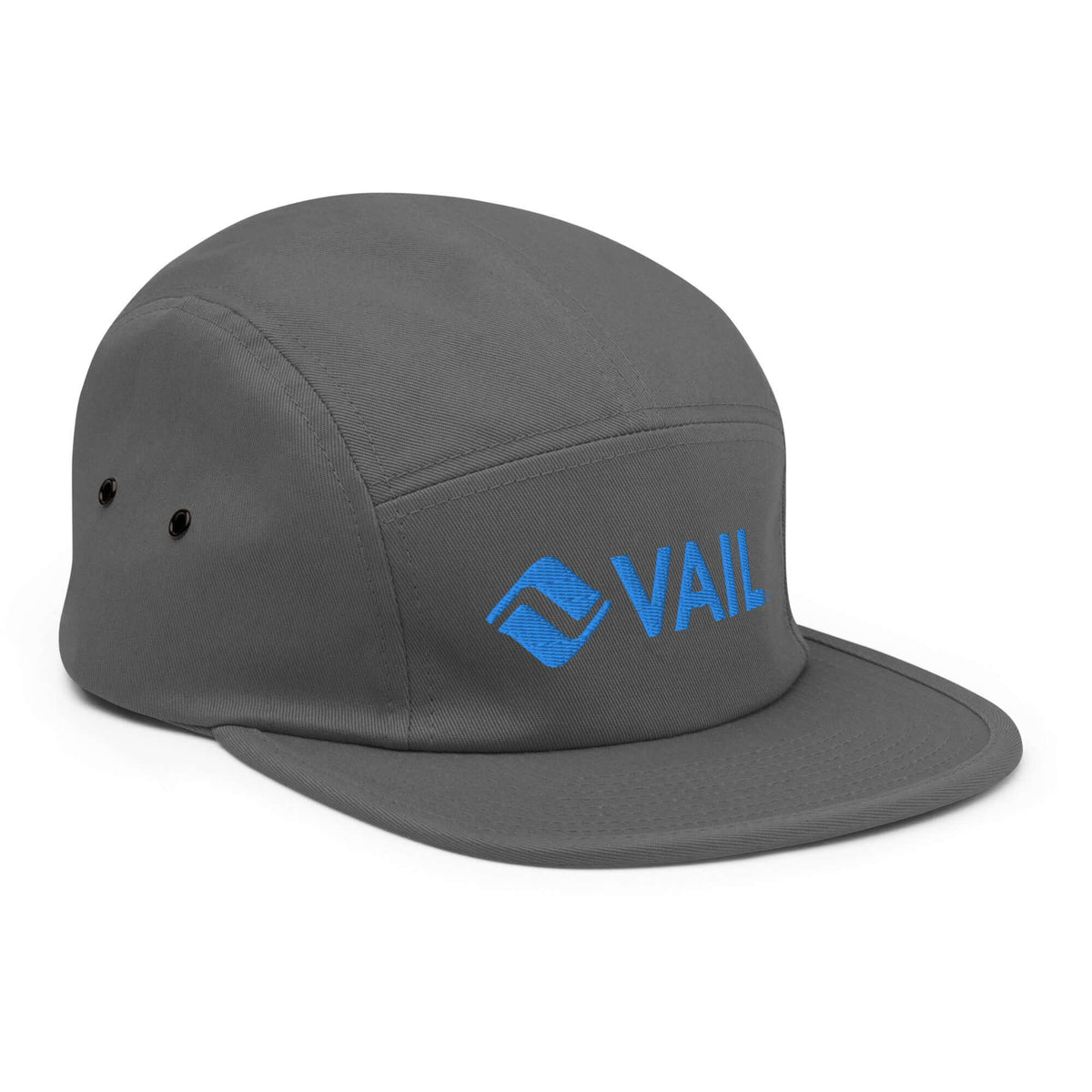 Vail Five Panel Hat by Mtns Co, official licensed ski resort apparel with trail map logo, stylish gray camper cap.