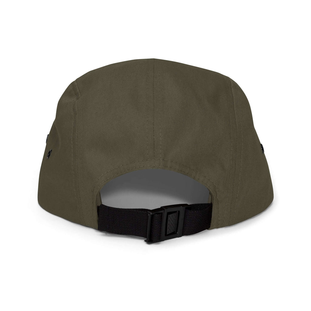 Back view of Vail Five Panel Hat by Mtns Co, featuring nylon strap clip closure and soft-structured design, official ski resort apparel.