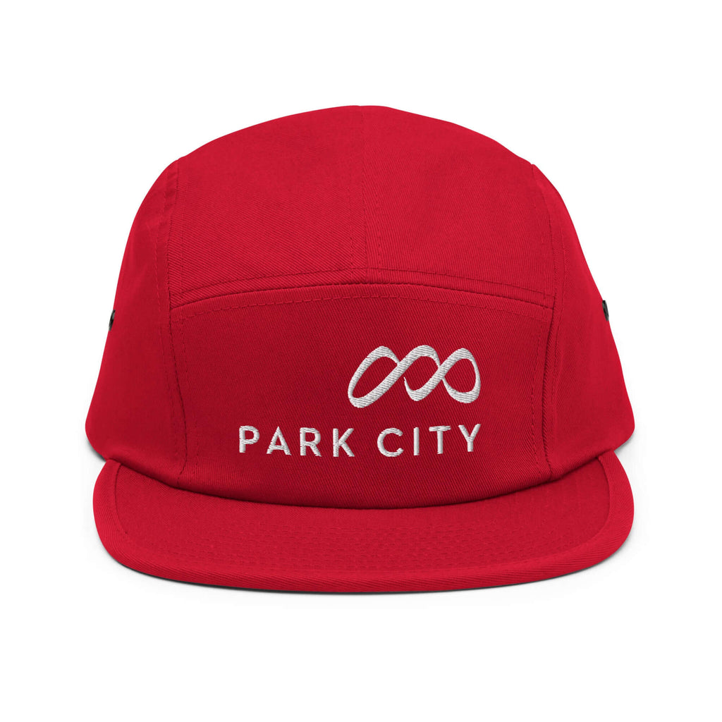 Park City Five Panel Hat by Mtns Co, featuring the official ski resort trail map logo, in red with embroidered design.