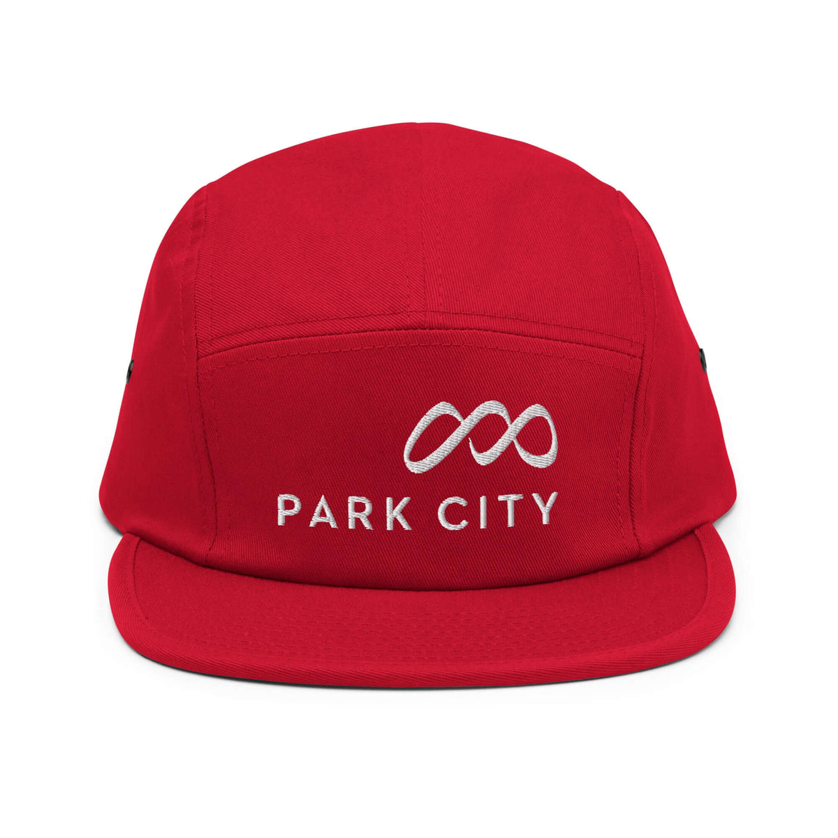 Park City Five Panel Hat by Mtns Co, featuring the official ski resort trail map logo, in red with embroidered design.