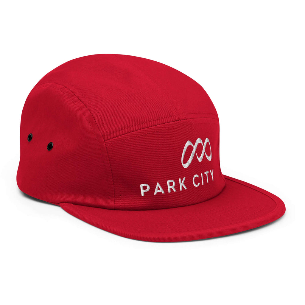 Park City Five Panel Hat from Mtns Co, official licensed ski resort apparel with trail map logo, red camper style cap.