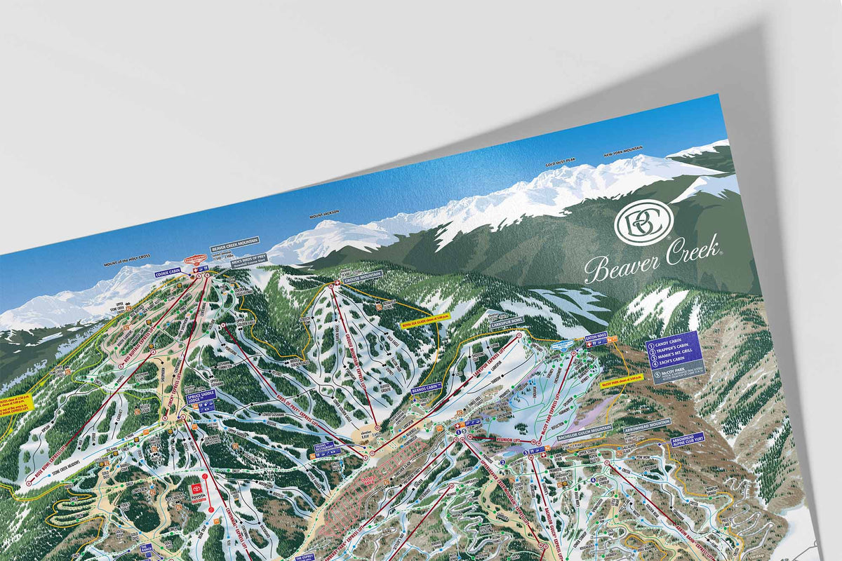 Corner detail of an official ski resort trail map print by Mtns Co