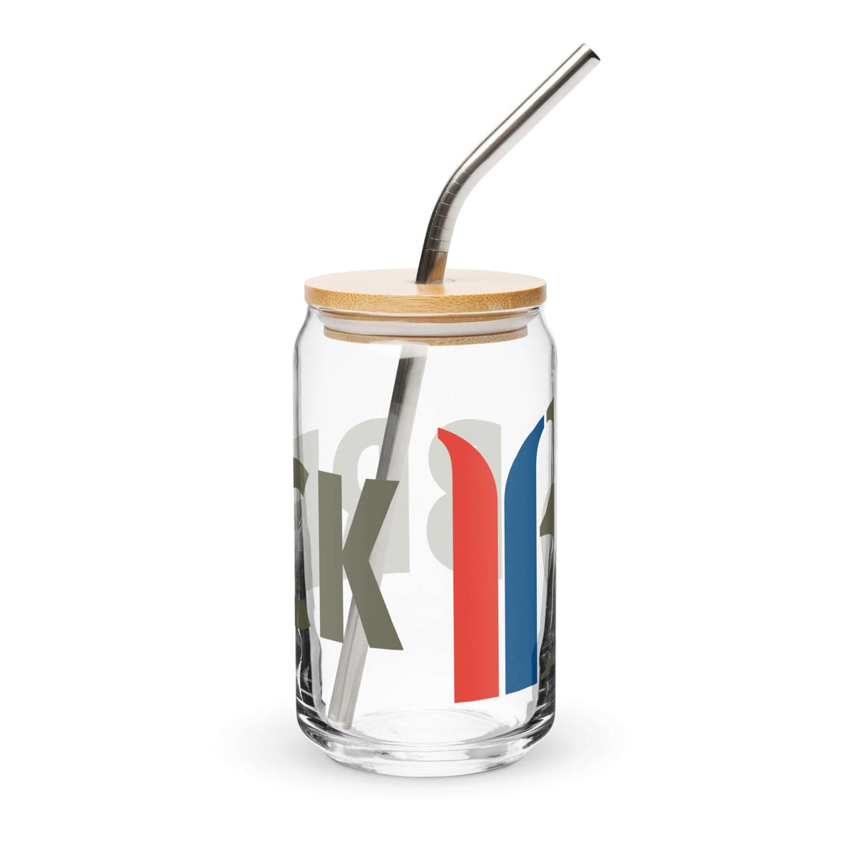 Breck Glass with stainless steel straw and wooden lid, perfect for drinks by Mtns Co Trail Map Logo.