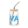 Vail Glass with bamboo lid and metal straw, Mtns Co Trail Map Logo, perfect for refreshing drinks.