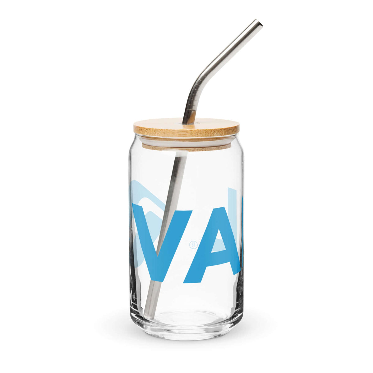 Vail Glass with bamboo lid and metal straw, Mtns Co Trail Map Logo, perfect for refreshing drinks.