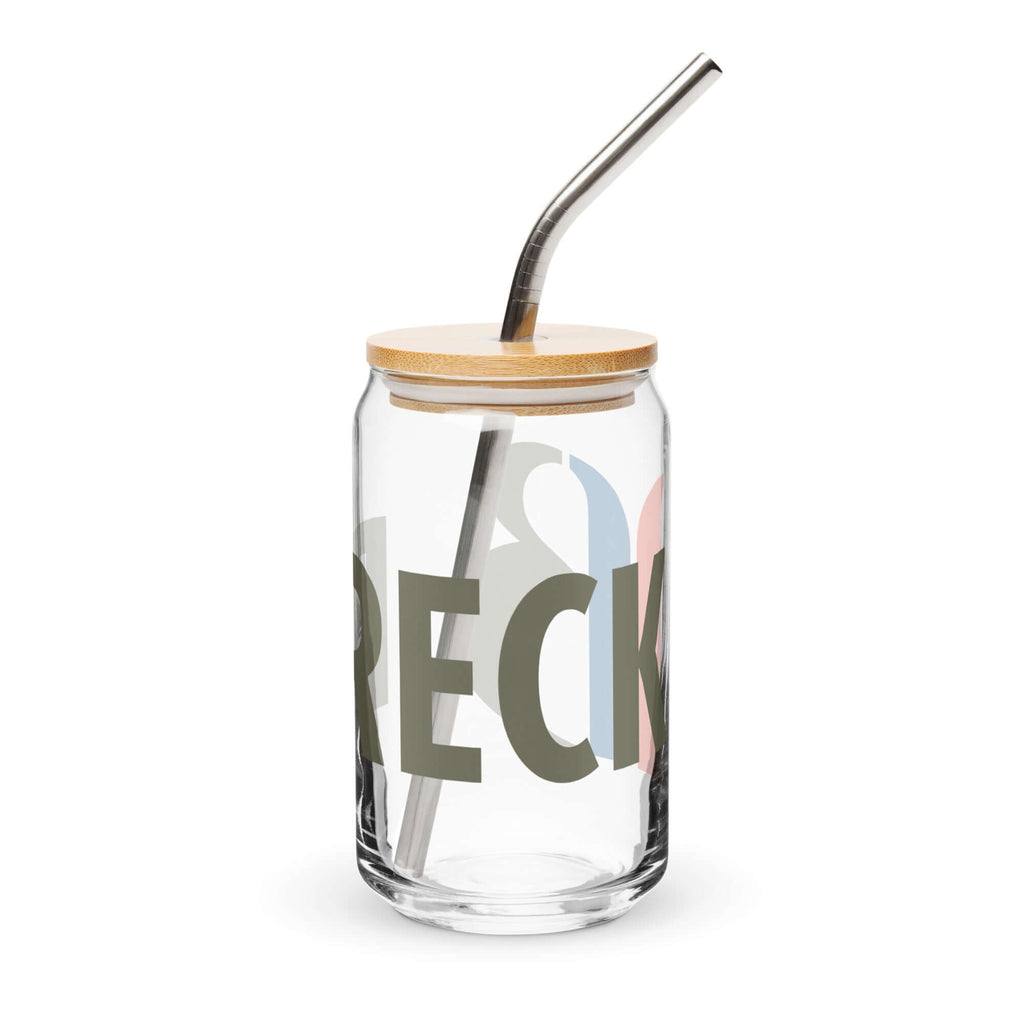Breck Glass with bamboo lid and straw, perfect for drinks. Official licensed ski resort apparel Mtns Co Trail Map Logo.