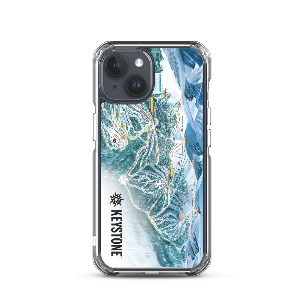 Keystone Trail Map iPhone Case featuring the official Keystone Trail Map and Mtns Co logo, designed for ski enthusiasts.