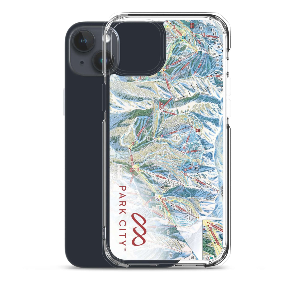 Park City Trail Map iPhone Case featuring a detailed trail map design, branded by Mtns Co, perfect for ski enthusiasts.