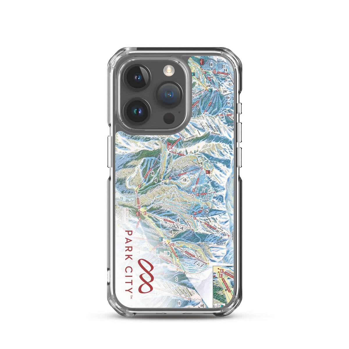 Park City Trail Map iPhone Case featuring the official Park City Trail Map and Mtns Co logo, protective and stylish.