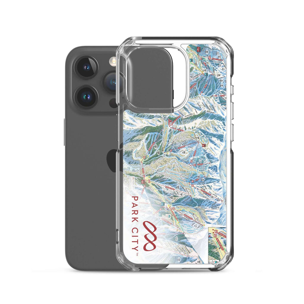 Park City Trail Map iPhone Case featuring Mtns Co logo and detailed trail map design, perfect for ski enthusiasts.