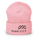 Park City Beanie in pink, official licensed ski resort apparel by Mtns Co, featuring Trail Map Logo.