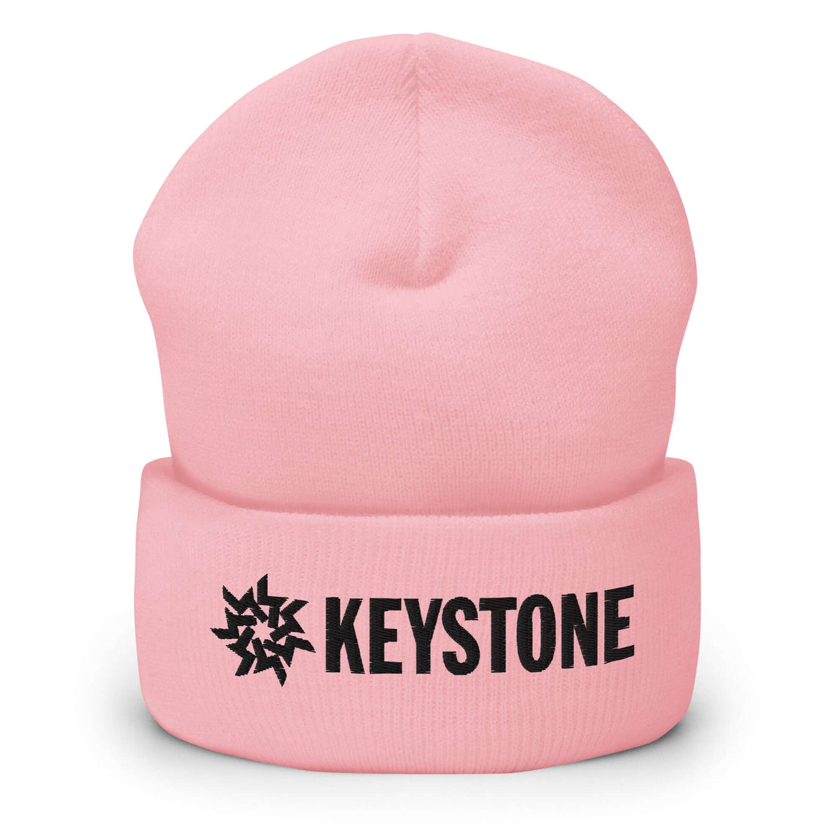 Keystone Beanie from Mtns Co, official licensed ski resort apparel, featuring the bold Keystone logo on a pink cuffed beanie.