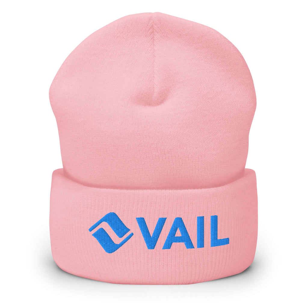 Vail Beanie by Mtns Co, pink cuffed beanie featuring the official Vail ski resort logo.