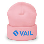 Vail Beanie by Mtns Co, pink cuffed beanie featuring the official Vail ski resort logo.