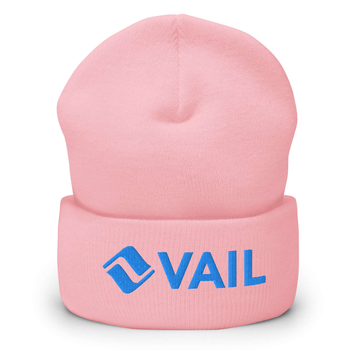 Vail Beanie by Mtns Co, pink cuffed beanie featuring the official Vail ski resort logo.