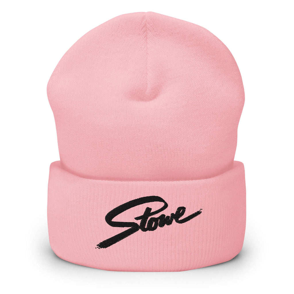 Stowe Beanie in pink with embroidered logo, part of Mtns Co official licensed ski resort apparel.