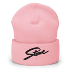 Stowe Beanie in pink with embroidered logo, part of Mtns Co official licensed ski resort apparel.