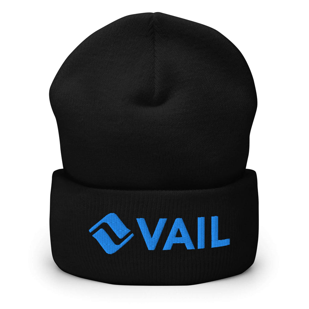 Vail Beanie from Mtns Co featuring the official ski resort logo in blue on a black cuffed design.