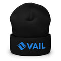 Vail Beanie from Mtns Co featuring the official ski resort logo in blue on a black cuffed design.