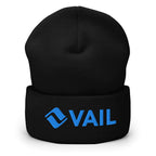 Vail Beanie from Mtns Co featuring the official ski resort logo in blue on a black cuffed design.