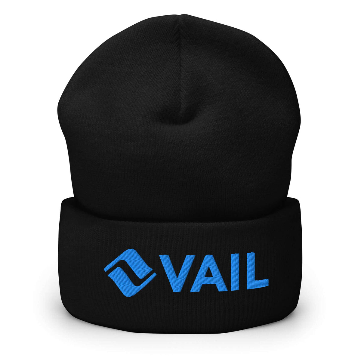 Vail Beanie from Mtns Co featuring the official ski resort logo in blue on a black cuffed design.