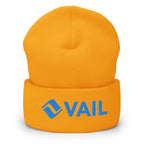 Vail Beanie from Mtns Co featuring the official Vail ski resort logo in vibrant orange.