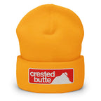 Crested Butte Beanie in bright yellow with embroidered logo, official licensed ski resort apparel by Mtns Co.