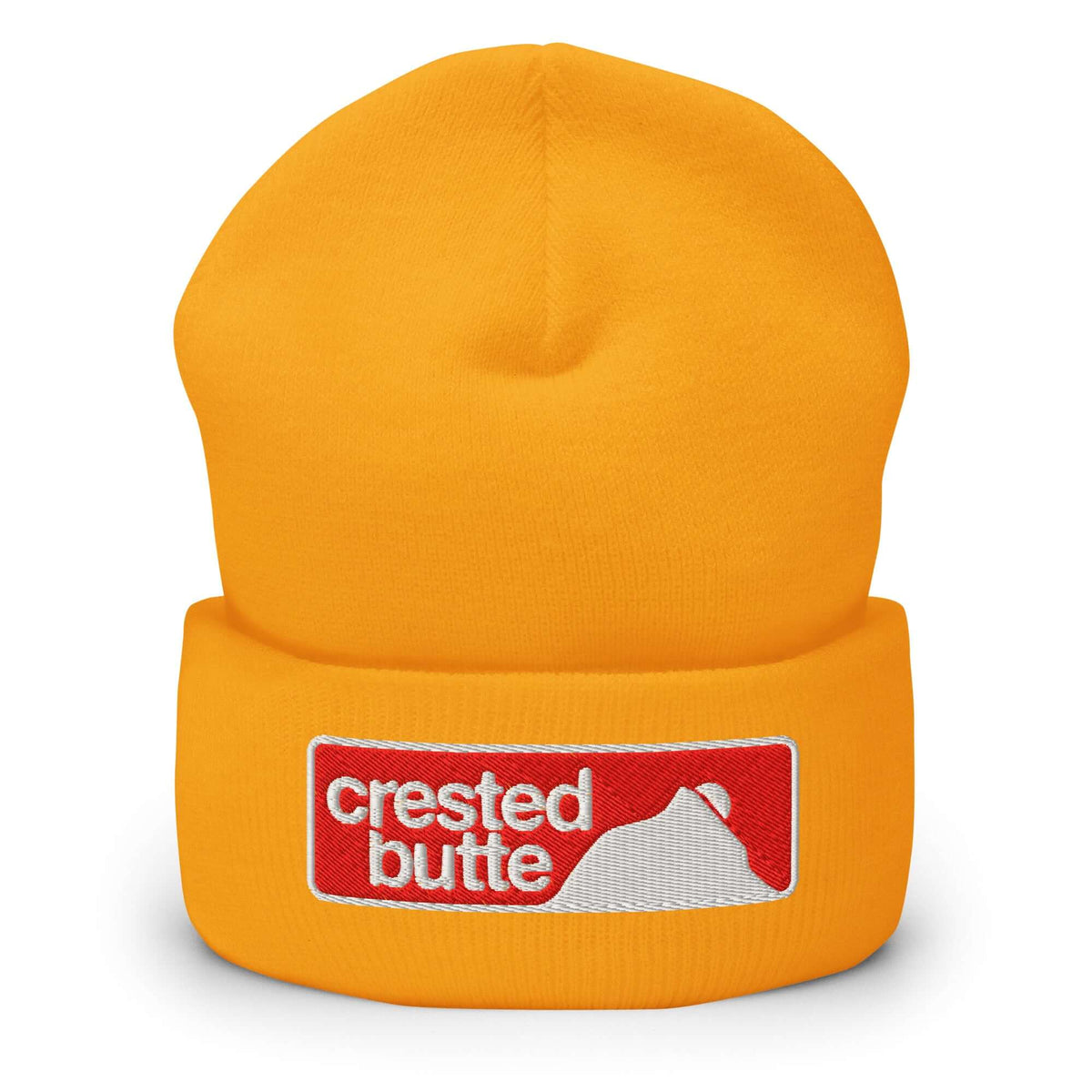 Crested Butte Beanie in bright yellow with embroidered logo, official licensed ski resort apparel by Mtns Co.