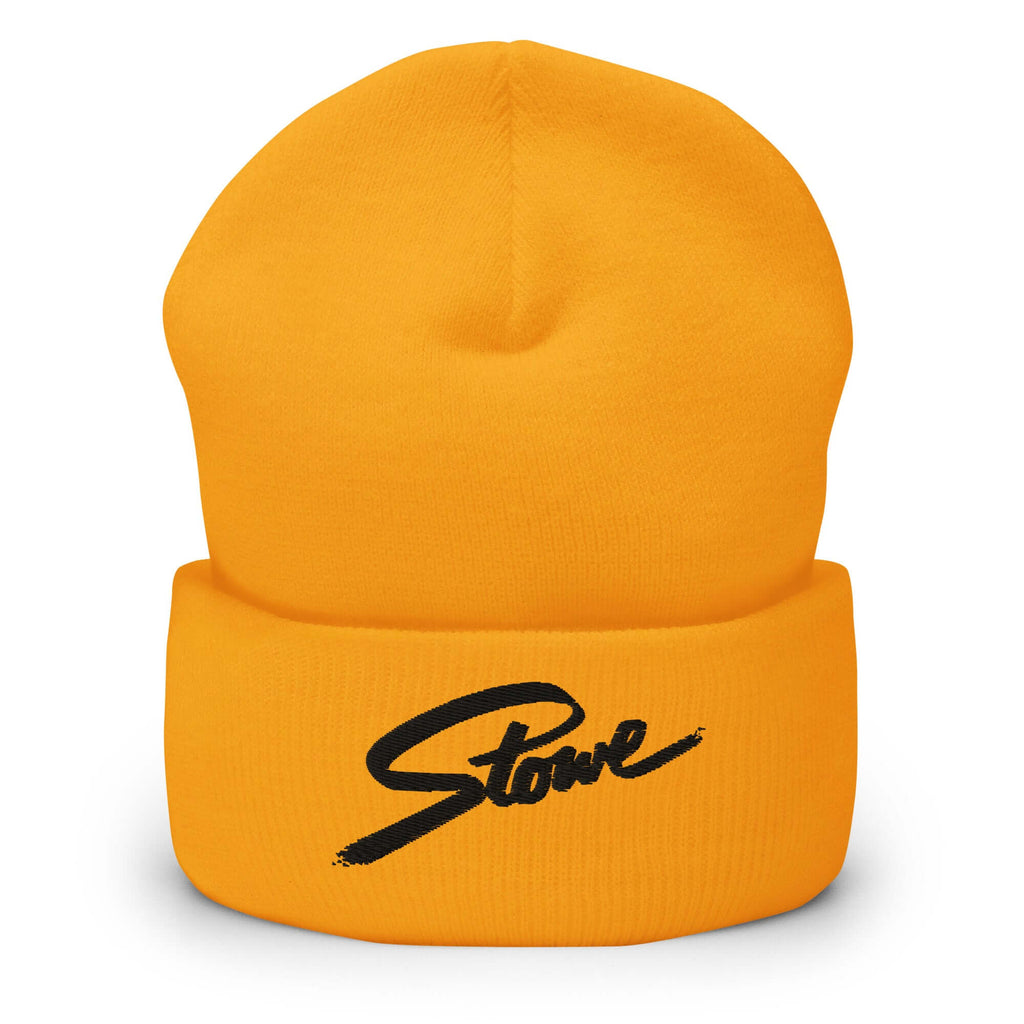 Stowe Beanie in vibrant yellow with embroidered Mtns Co logo, perfect for ski resort adventures.