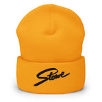 Stowe Beanie in vibrant yellow with embroidered Mtns Co logo, perfect for ski resort adventures.