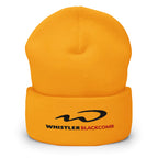 Whistler Blackcomb Beanie in yellow by Mtns Co, featuring the official resort logo for ski enthusiasts.