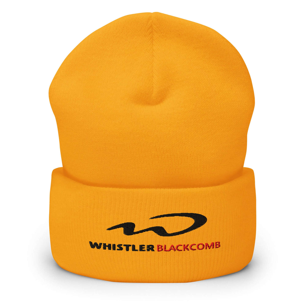 Whistler Blackcomb Beanie in yellow by Mtns Co, featuring the official resort logo for ski enthusiasts.