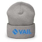 Vail Beanie featuring the official logo of Vail resort, perfect for ski days under helmets, by Mtns Co.