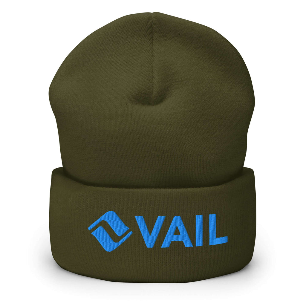 Vail Beanie featuring official Mtns Co ski resort logo, perfect for helmets and warm winter activities.