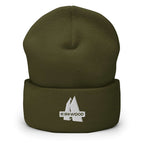 Kirkwood Beanie in olive green with embroidered Mtns Co Trail Map Logo, perfect ski resort apparel.