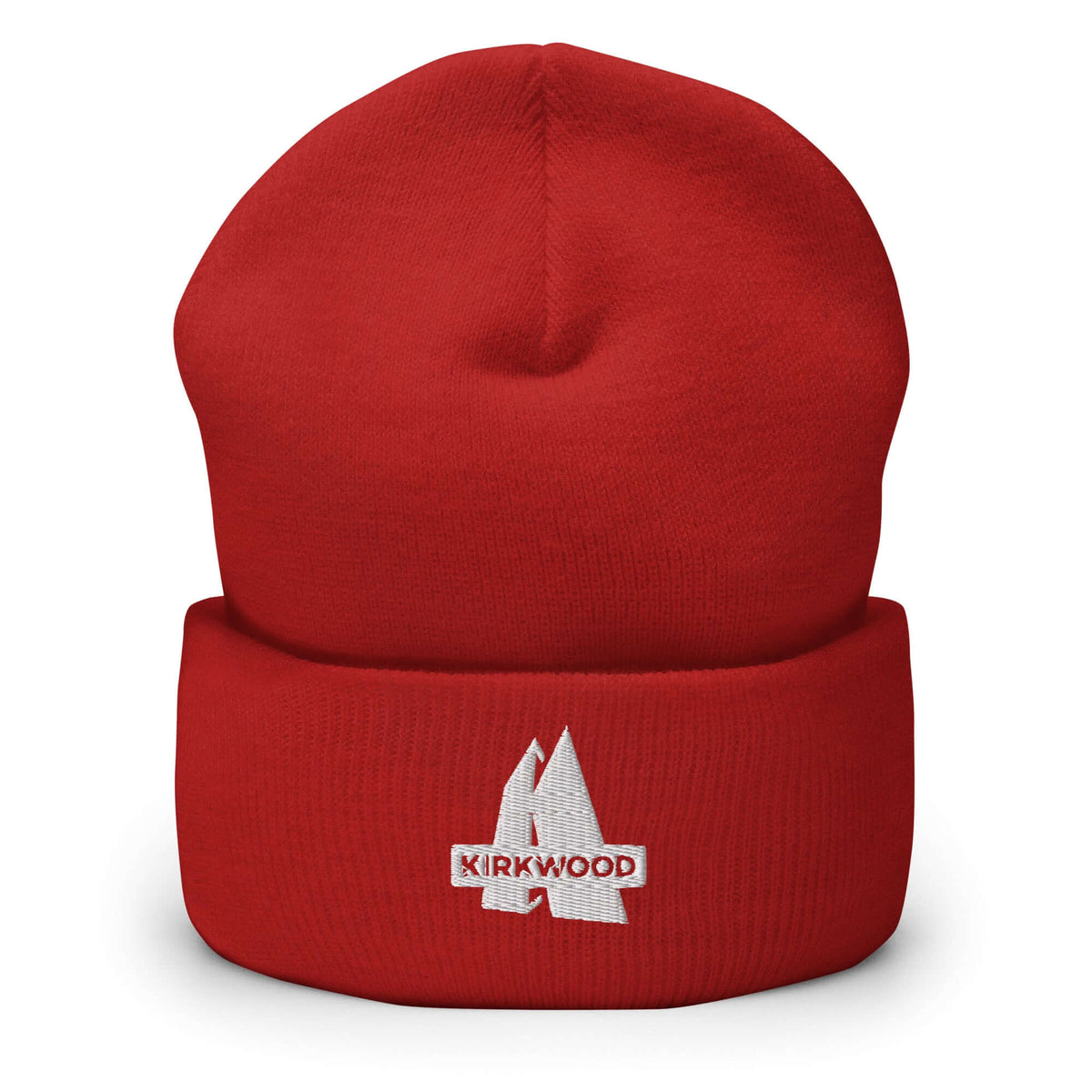 Kirkwood Beanie in red with embroidered logo, official licensed ski resort apparel by Mtns Co, perfect for cold weather.