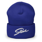 Stowe Beanie in blue featuring embroidered logo, perfect for skiing and outdoor activities by Mtns Co.