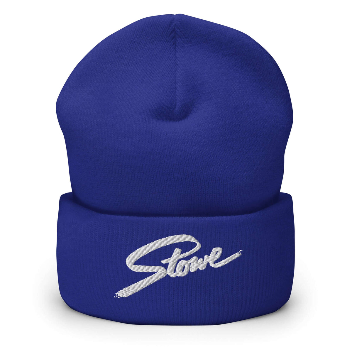 Stowe Beanie in blue featuring embroidered logo, perfect for skiing and outdoor activities by Mtns Co.
