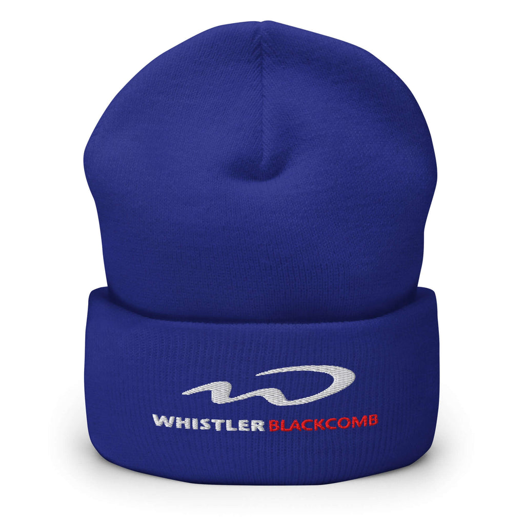 Whistler Blackcomb Beanie in blue with Mtns Co Trail Map Logo, perfect for under ski helmets and for cold outings.