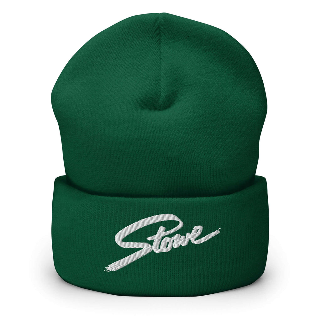 Stowe Beanie, official licensed ski resort apparel by Mtns Co, featuring embroidered Stowe logo in green, perfect under ski helmet.