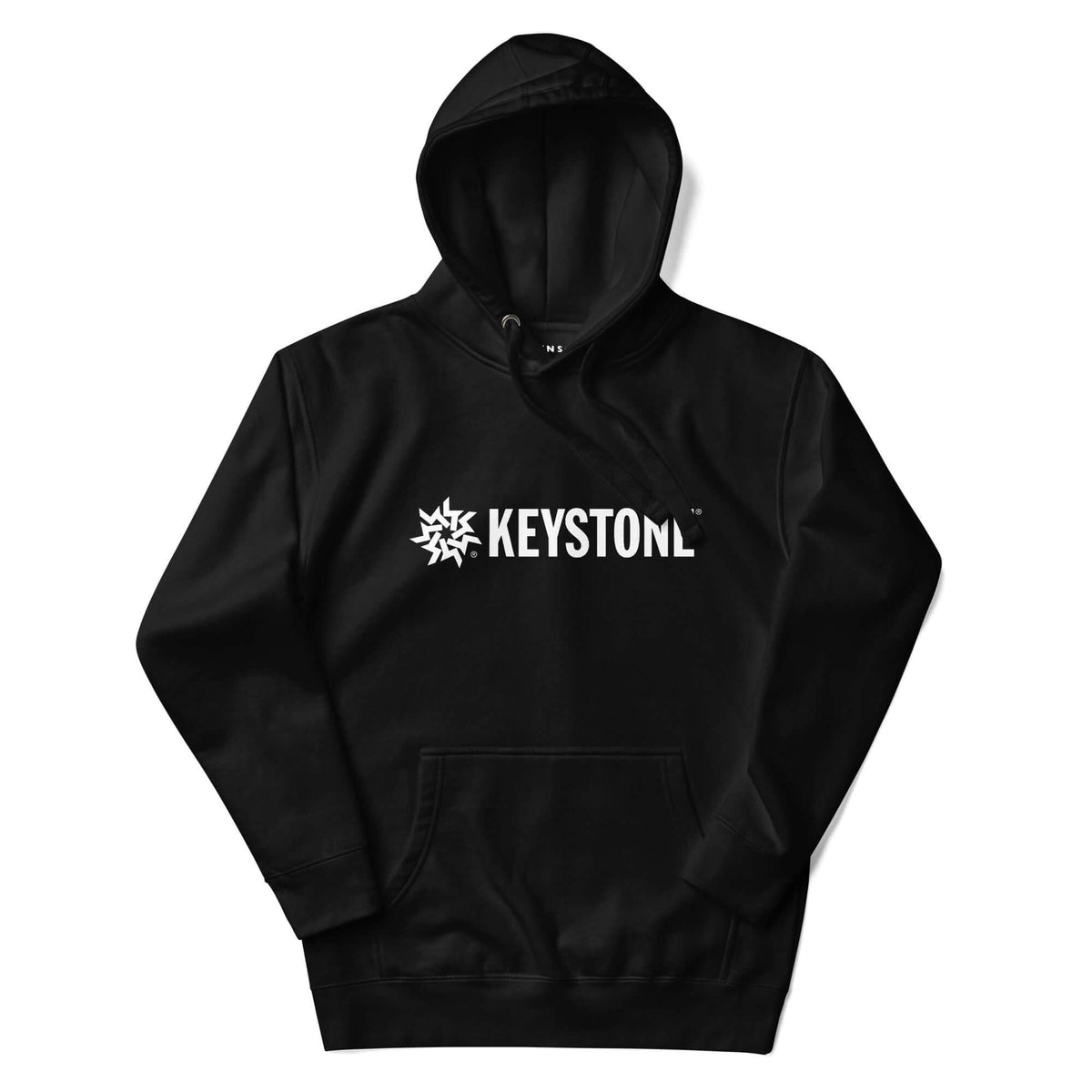Mtns Co Keystone Hoodie in black with white logo, featuring a three-panel hood, front pouch pocket, and drawstrings.