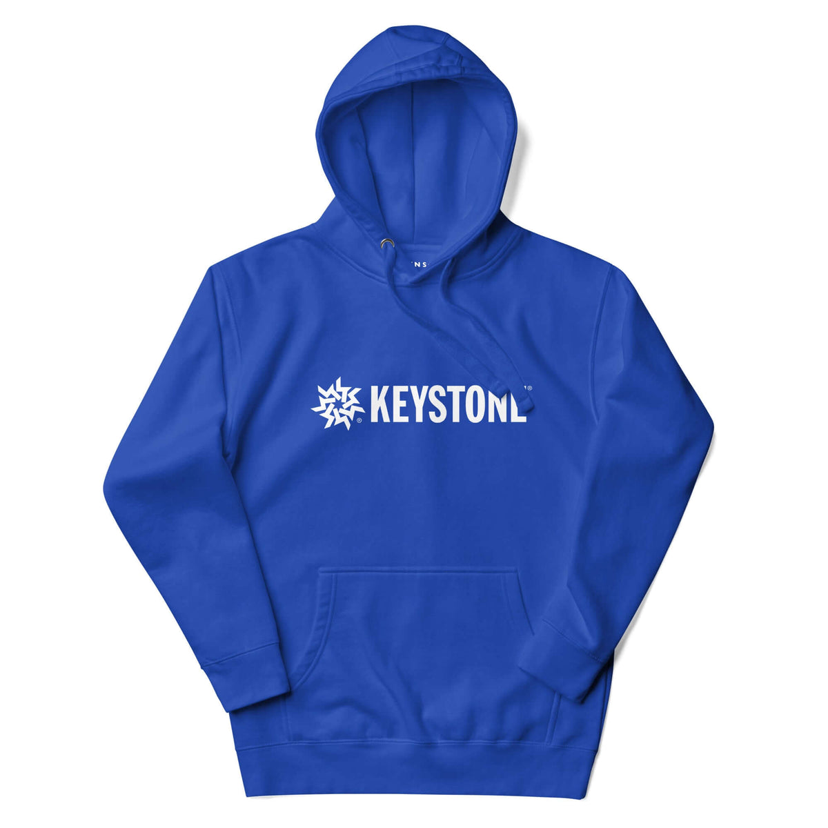 Mtns Co Keystone blue hoodie with white resort logo, front pouch pocket, and three-panel hood for winter comfort.